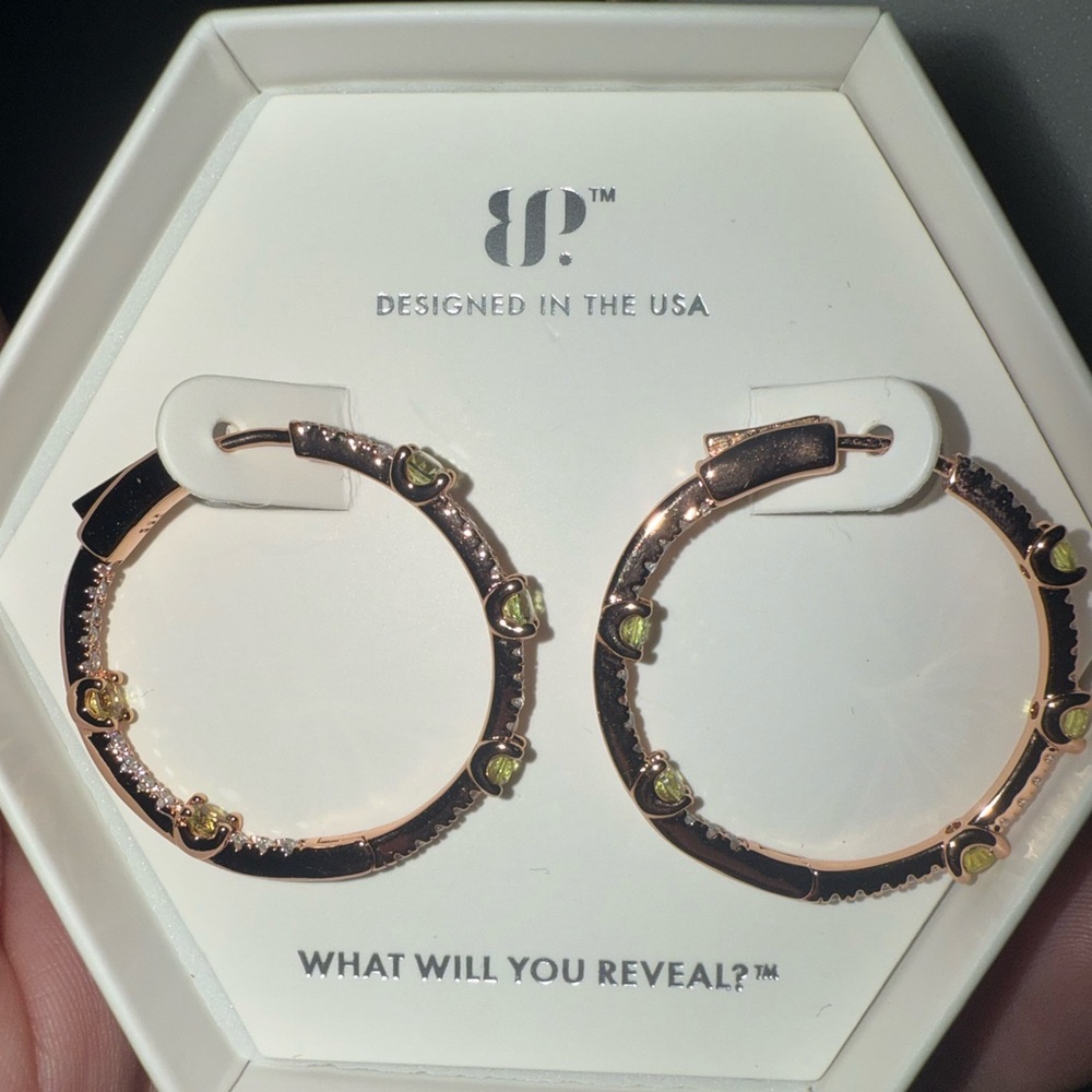 BP Rose Gold and Green Hoop Earrings Elegant Design